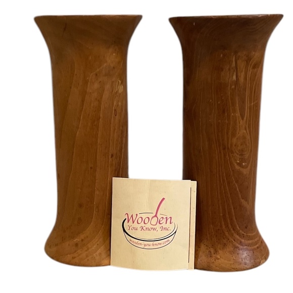 PAIR Of WOODEN YOU KNOW, INC MIDCENTURY WOODEN PILLAR CANDLE HOLDER